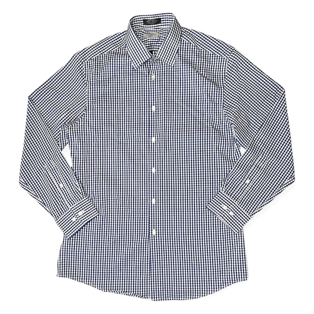 John Bartlett Slim Fit Dress Shirt Blue Gingham Stretch 15.5 32/33
